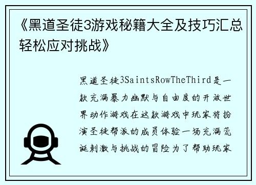 《黑道圣徒3游戏秘籍大全及技巧汇总 轻松应对挑战》