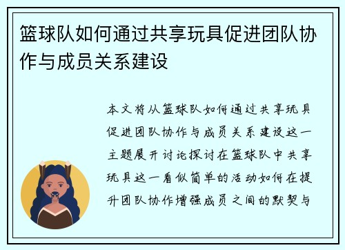 篮球队如何通过共享玩具促进团队协作与成员关系建设