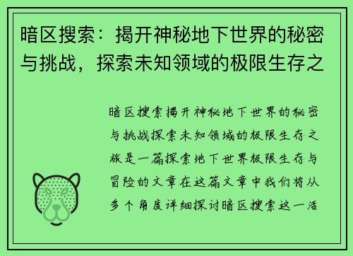暗区搜索：揭开神秘地下世界的秘密与挑战，探索未知领域的极限生存之旅